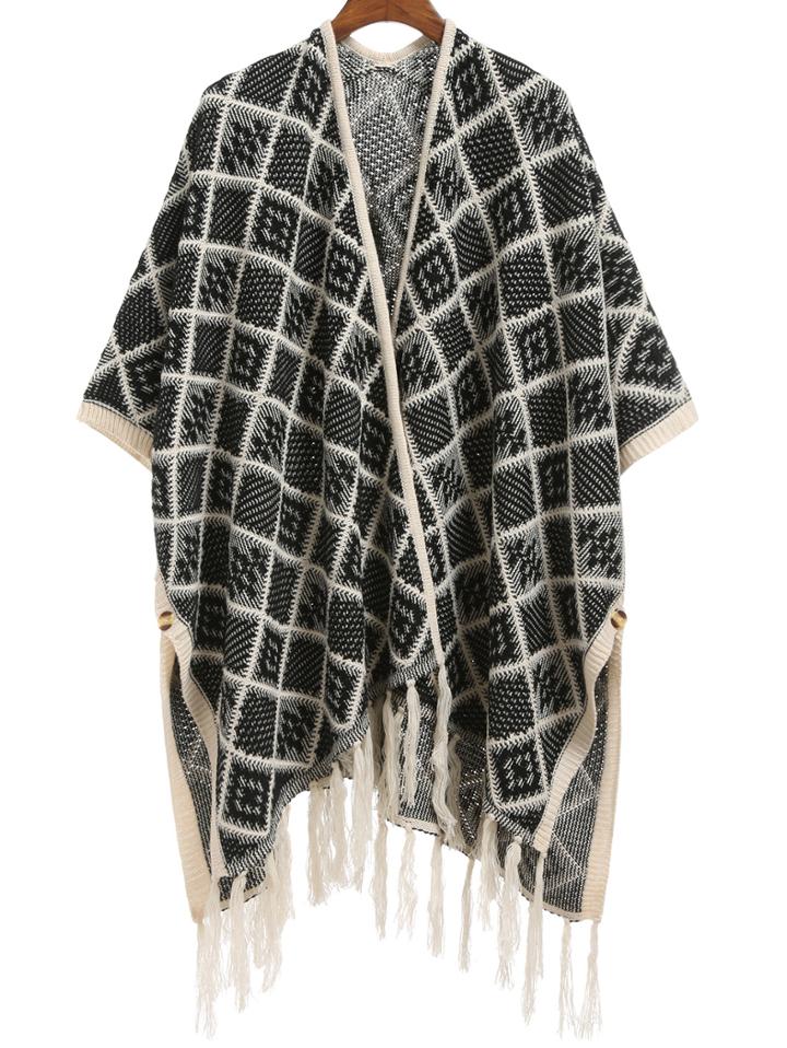 Romwe Geometric Print Tassel Coat