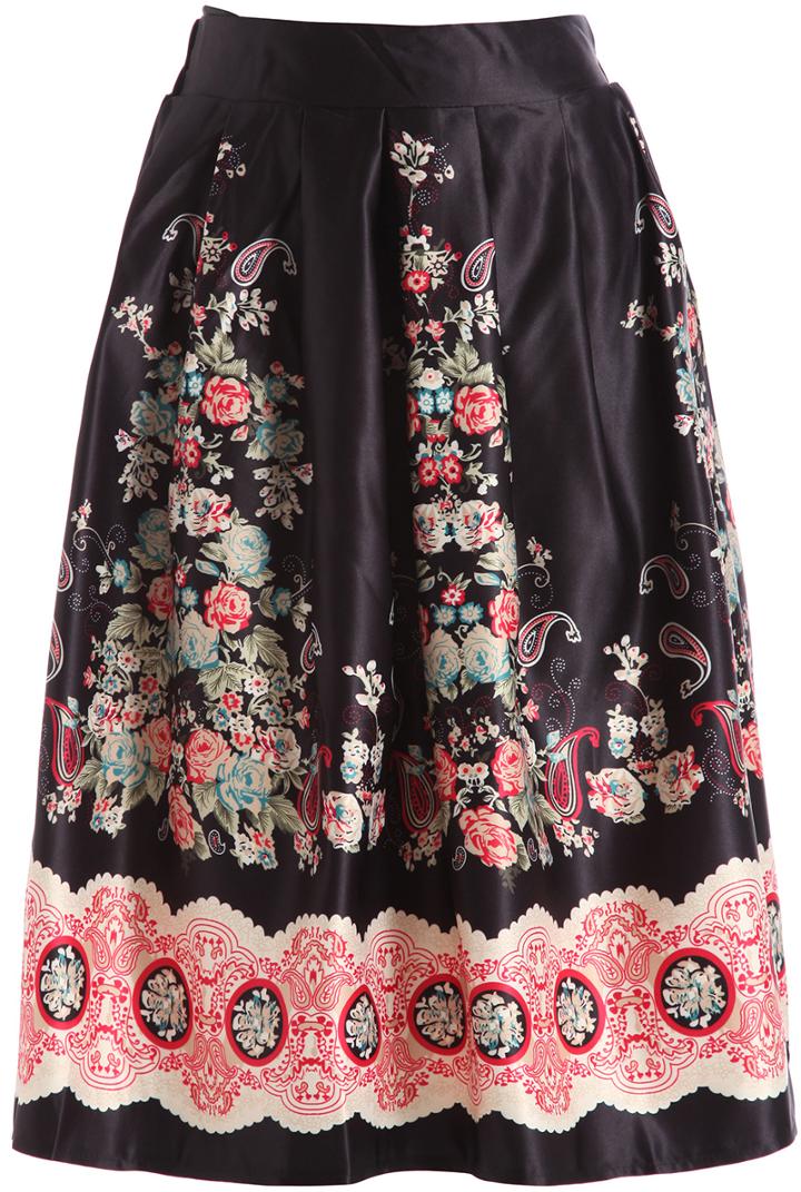 Romwe Black Vintage Floral Long Skirt