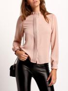 Romwe Pink Frill Neck Long Sleeve Slim Blouse