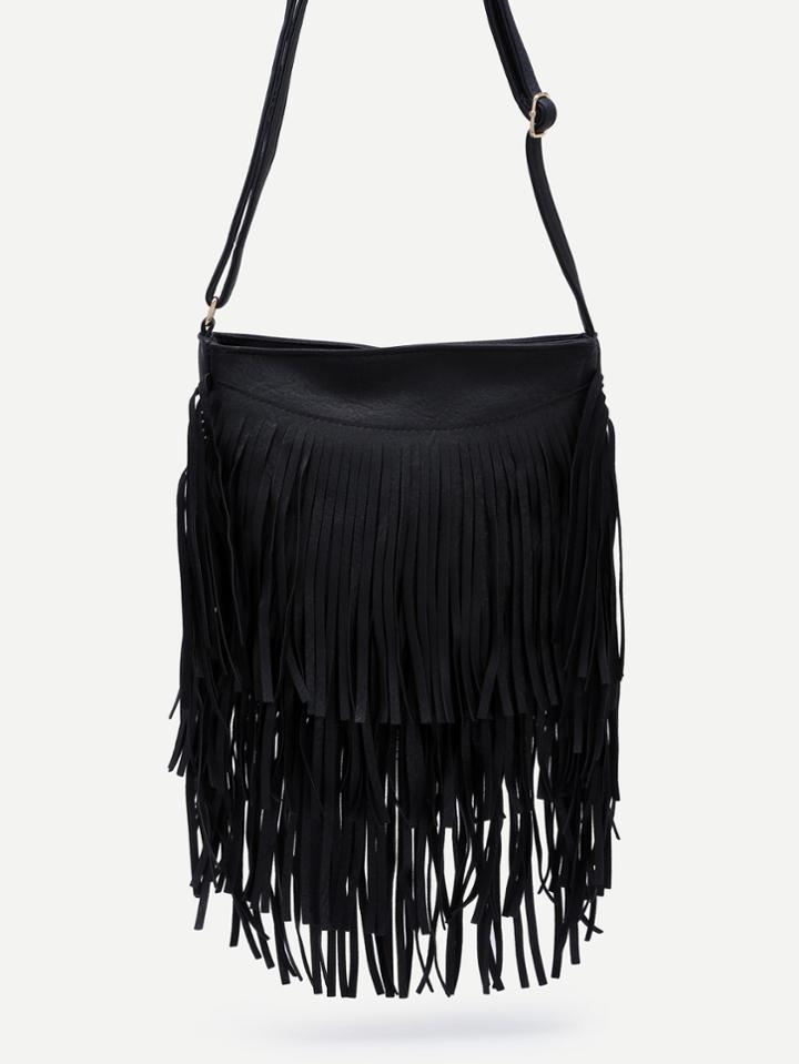 Romwe Black Faux Leather Fringe Zipper Shoulder Bag