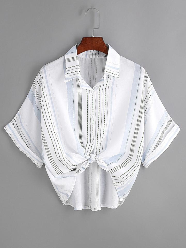 Romwe Striped Tie Front Cuffed Blouse