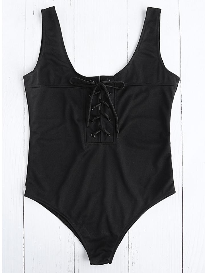 Romwe Lace Up Neckline One Piece Swimwear