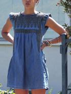 Romwe Women Round Neck Wheat Print Denim Shift Dress
