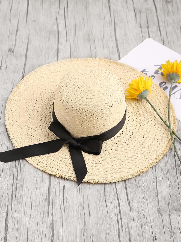 Romwe Straw Fedora Hat With Frayed Brim Edge