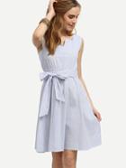 Romwe Blue Vertical Striped V Notch Self Tie Dress