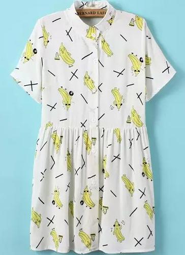 Romwe Stand Collar Banana Print Pleated White Dress
