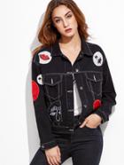 Romwe Black Patch Single Breasted Denim Jacket