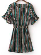 Romwe Green Elastic Waist Bell Sleeve Stripe Dress