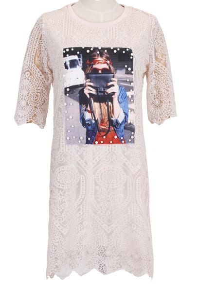 Romwe With Pearl Beauty Print Lace Pink Dress