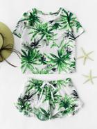 Romwe Tropical Print Crop Tee And Ruffle Drawstring Shorts Set