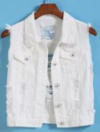 Romwe Lapel Ripped Crop Denim Coat