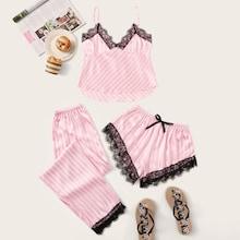 Romwe 3pcs Striped Eyelash Lace Satin Cami Pj Set