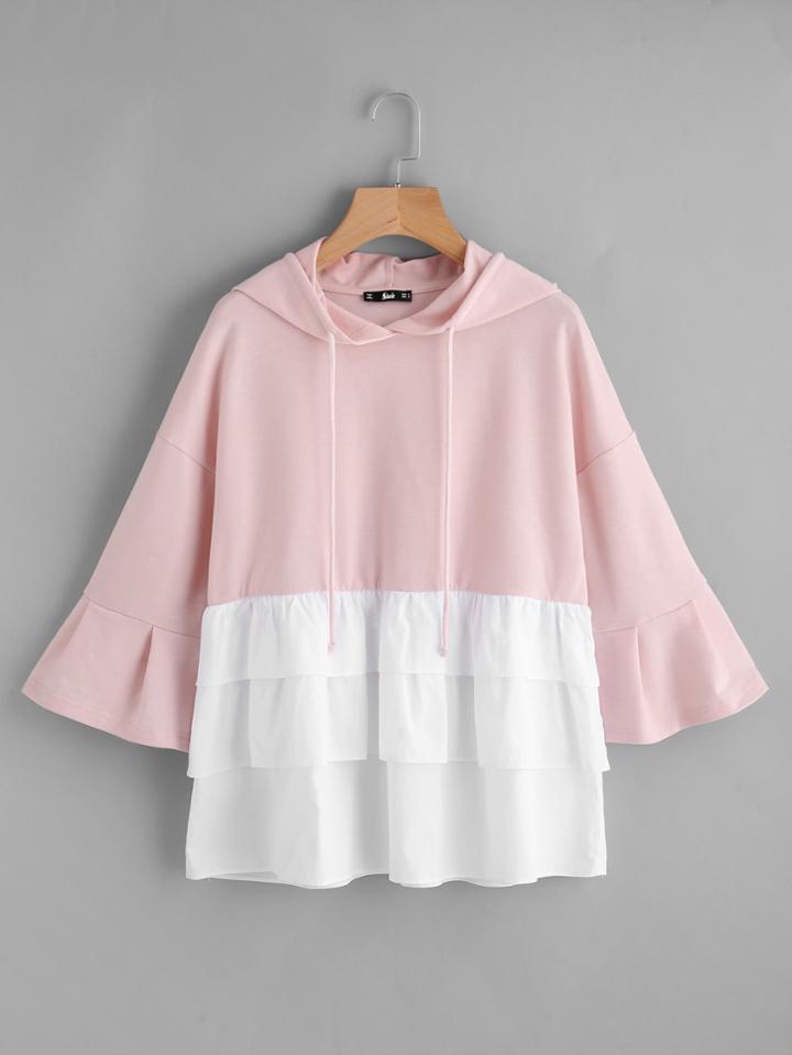 Romwe Trumpet Sleeve Contrast Tiered Hem Mixed Media Hoodie