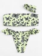 Romwe Butterfly Print Bandeau Bikini Set With Chocker