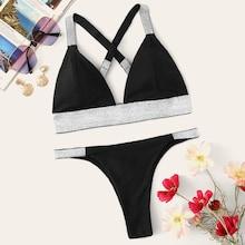 Romwe Glitter Strap Criss-cross Triangle Bikini Set