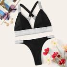 Romwe Glitter Strap Criss-cross Triangle Bikini Set