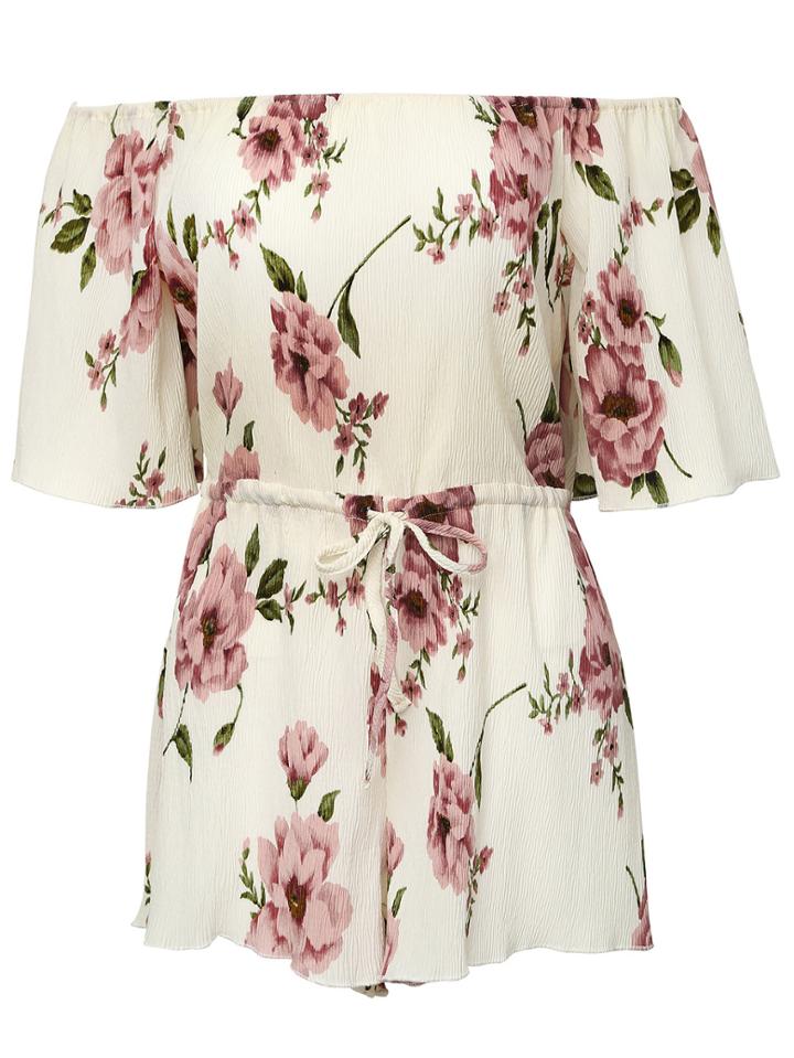 Romwe Red And White Off The Shoulder Floral Jumpsuit