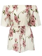 Romwe Red And White Off The Shoulder Floral Jumpsuit