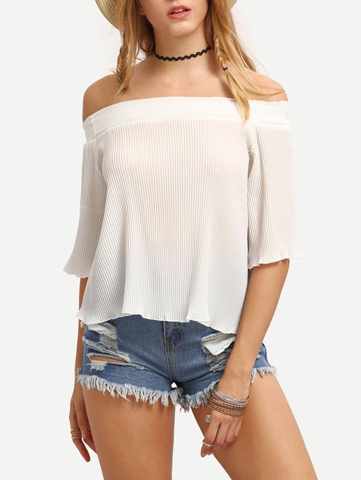 Romwe Off-the-shoulder Pleated Chiffon Blouse