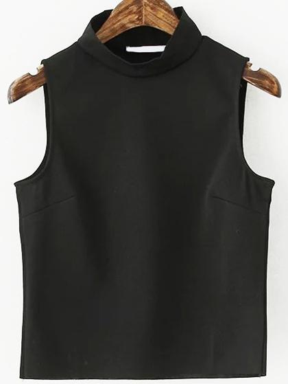 Romwe Stand Collar Black Tank Top