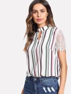 Romwe V Notch Front Contrast Lace Sleeve Striped Top