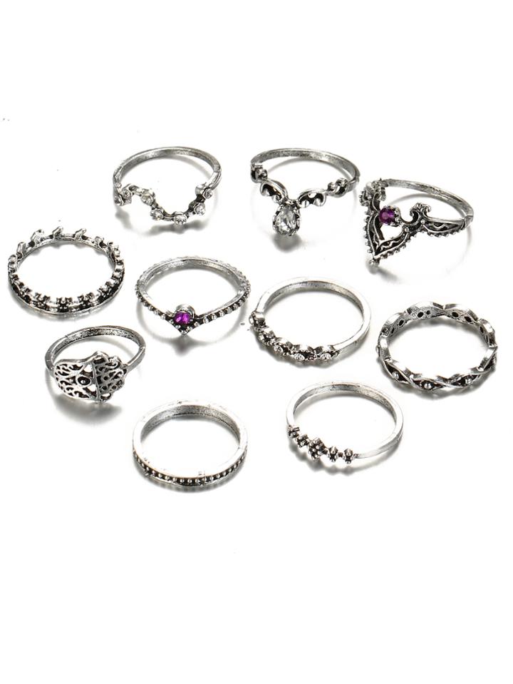 Romwe Rhinestone Multi Shaped Ring Set 10pcs