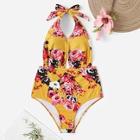Romwe Floral Ruched Open Back One Piece Swimwear