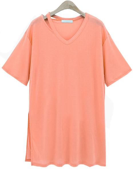 Romwe Pink Cutout V Neck Slit Tee Dress