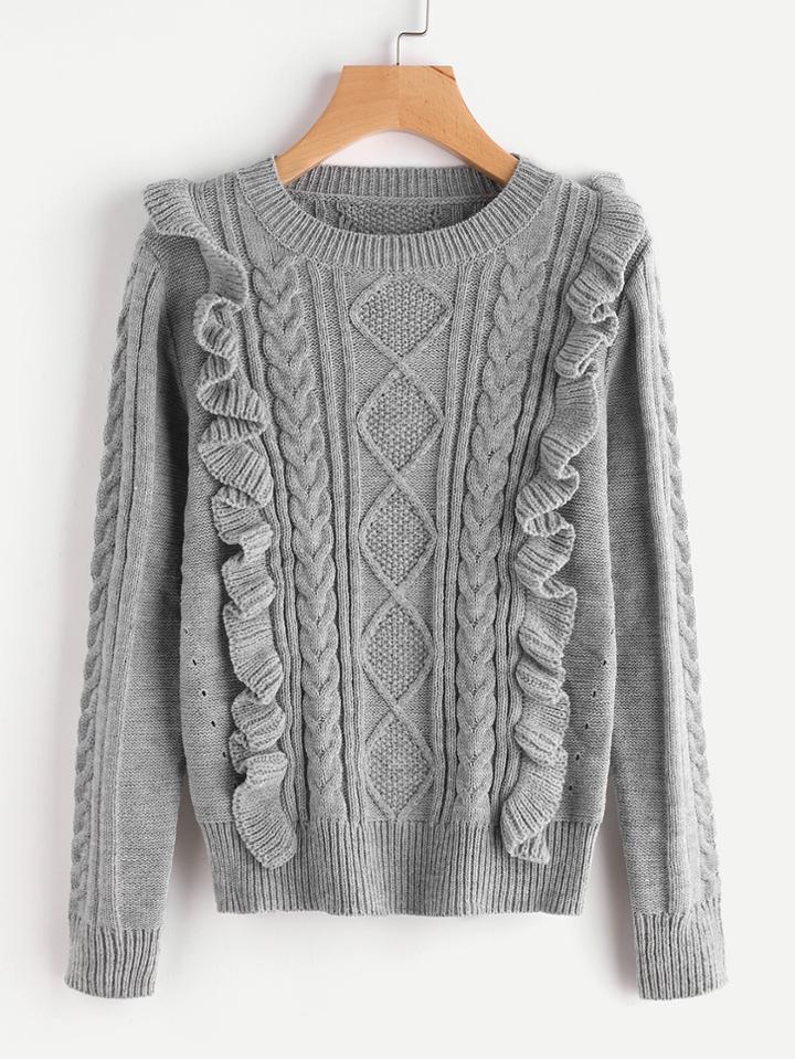 Romwe Ruffle Trim Mixed Knit Jumper