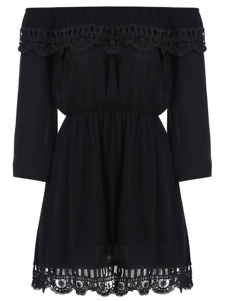 Romwe Off The Shoulder Lace Crochet Black Dress