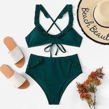 Romwe Criss Cross Frill Trim Bikini Set