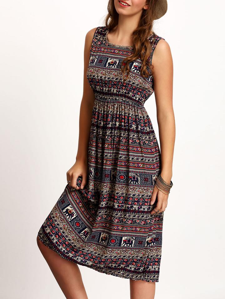 Romwe Multicolor Sleeveless Elephant Direction Pattern Random  Print Dress