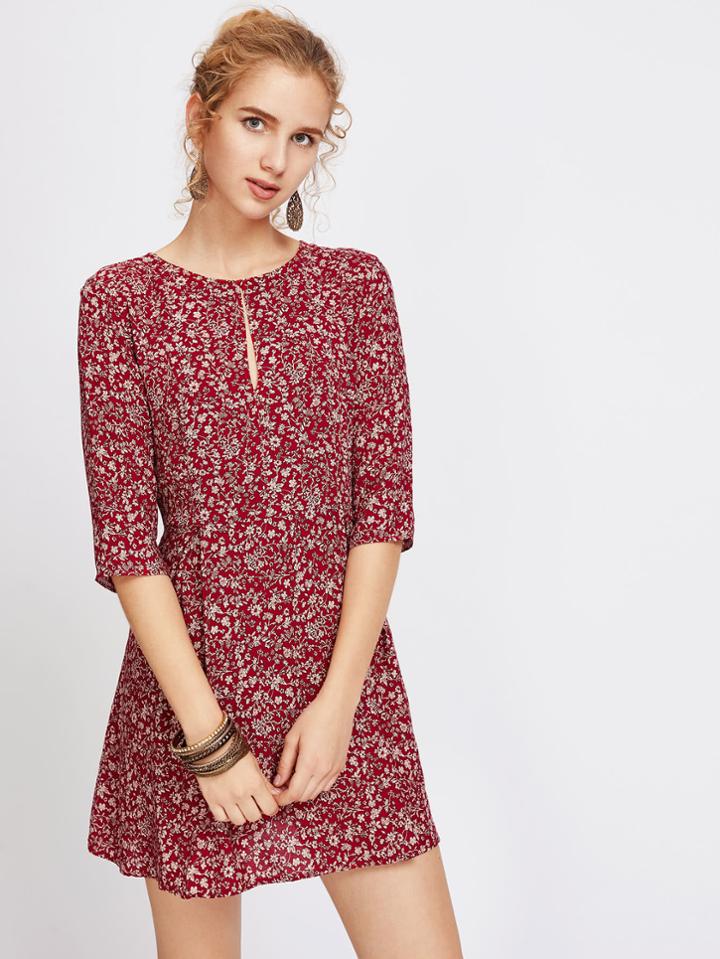 Romwe Calico Print Keyhole Front Dress