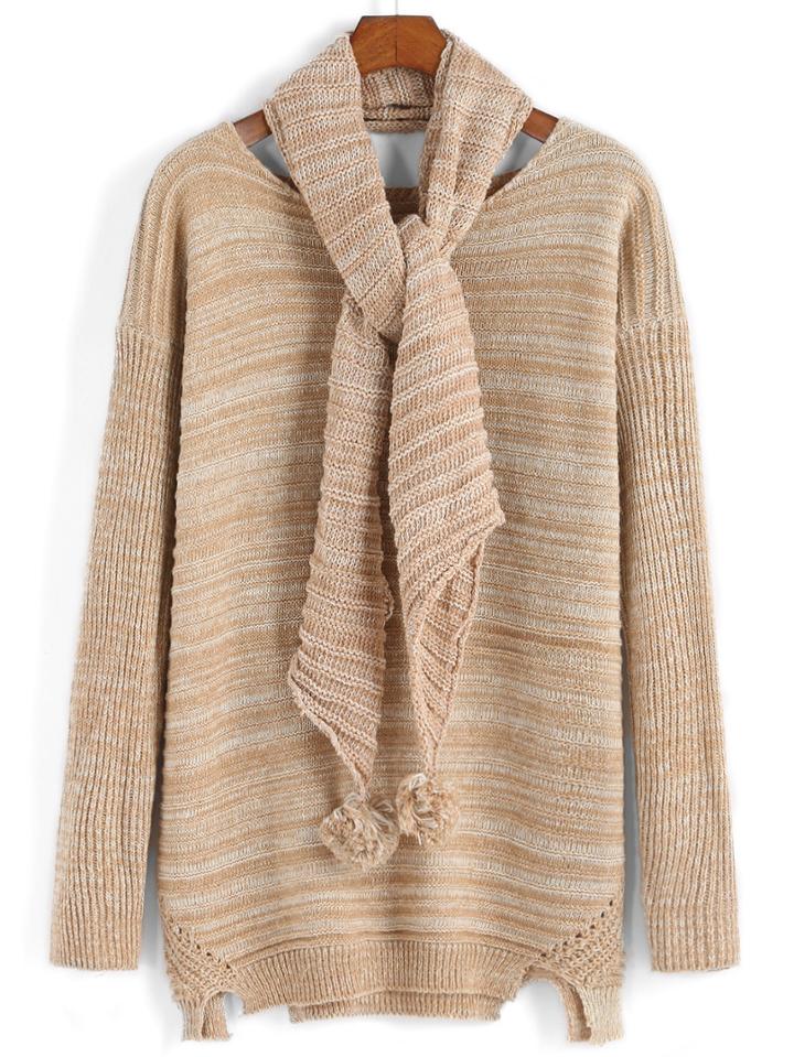 Romwe Slit Hollow Sweater With Ball Embellished Scarf