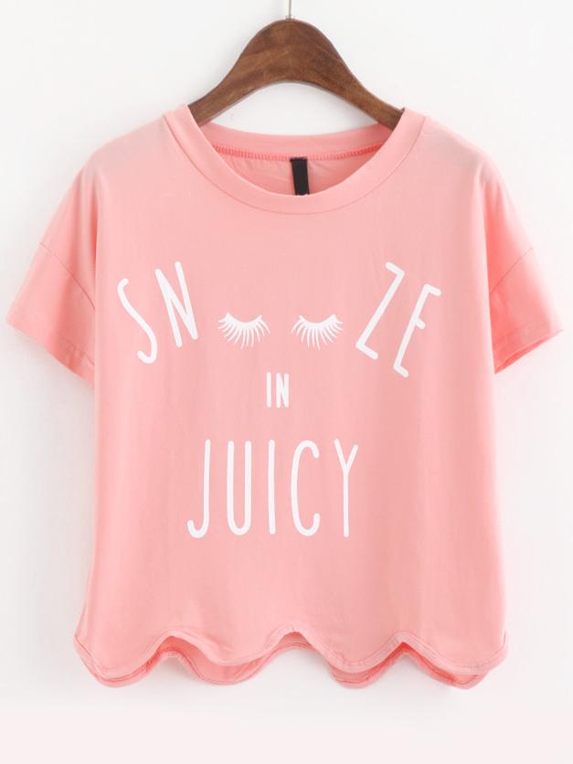 Romwe Letter Print Scalloped Hem Pink T-shirt