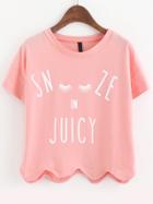 Romwe Letter Print Scalloped Hem Pink T-shirt