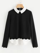 Romwe Contrast Collar And Hem Scalloped Blouse
