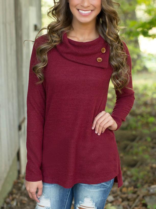 Romwe Buttons Long Sleeve Burgundy Knitwear