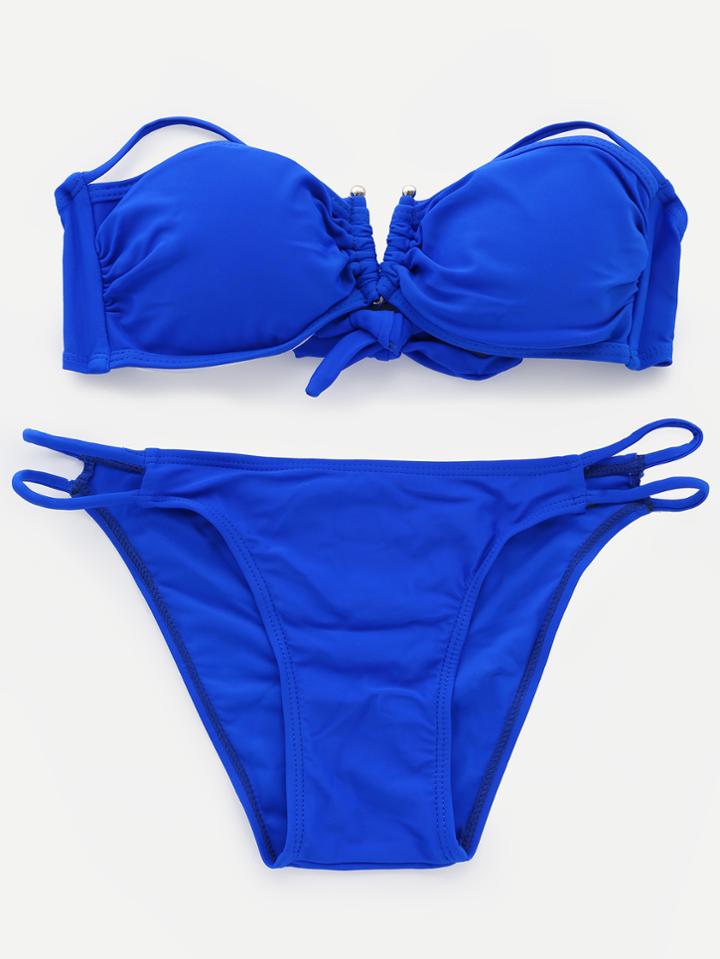 Romwe Blue Tie Back Strappy Bandeau Bikini Set