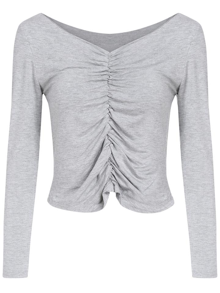 Romwe V Neck Folds Crop Grey T-shirt