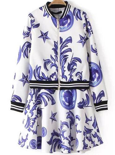 Romwe White Stand Collar Floral Jacket With Ruffle Skirt