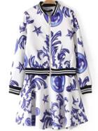 Romwe White Stand Collar Floral Jacket With Ruffle Skirt