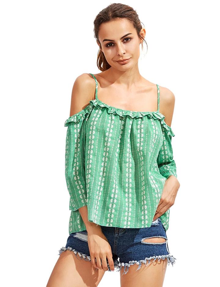Romwe Green Blue Cold Shoulder Ruffle Blouse