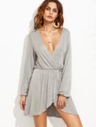 Romwe Grey Deep V Neck Asymmetrical Wrap Dress