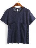 Romwe With Pockets Lace Navy Top