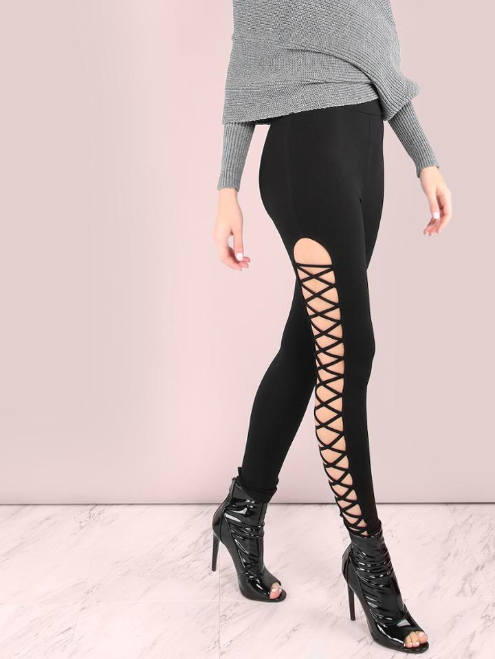 Romwe Open Cross Strap Leggings Black