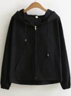 Romwe Black Question Mark Hooded Zipper Coat With Batwing Sleeve