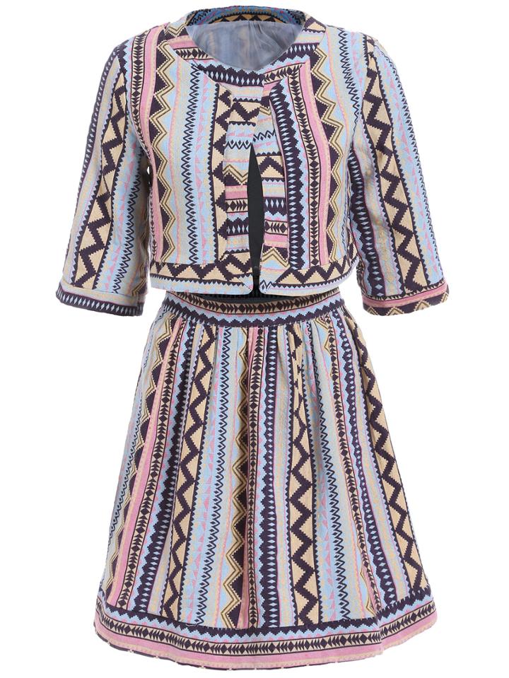 Romwe Half Sleeve Tribal Print Top With Flare Skirt