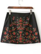 Romwe Black Floral Embroidery Side Zipper Skirt