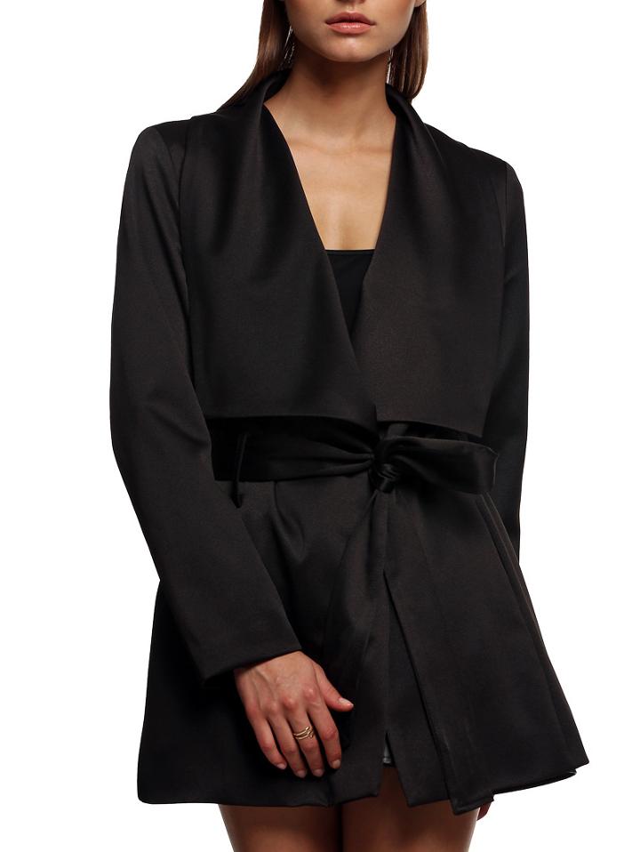 Romwe Lapel Belt Black Coat